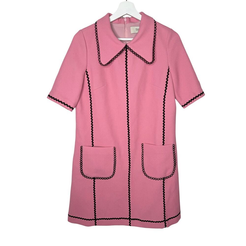 Sixdo Short Sleeve Patch Pocket Collared Mini Dress Pink Black Women's Large - Picture 2 of 10